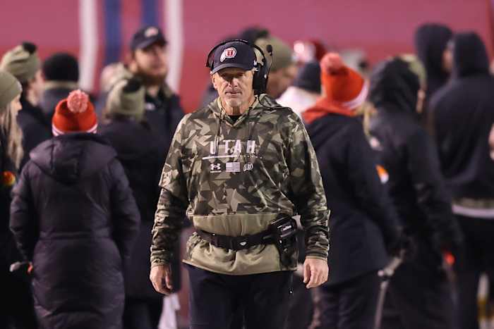 Utah Utes head coach Kyle Whittingham looks on during a play against the Stanford Cardinal in the fourth quarter at Rice-Eccles Stadium.